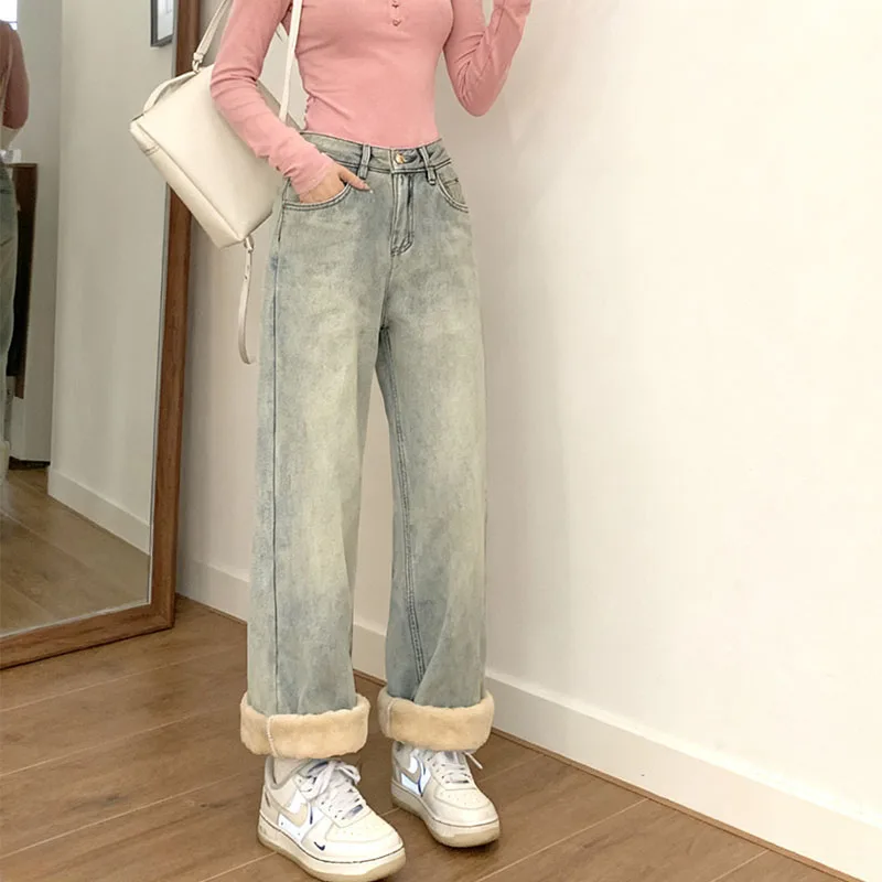 

Зимние женские джинсы Y2K с высокой талией и широкими штанинами на флисовой подкладке, прямые брюки