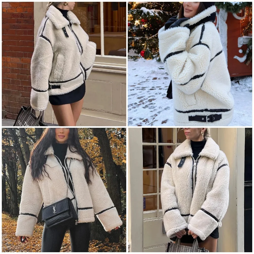 Autumn/Winter Patchwork Fluffy Jacket European/American Style Casual Lamb Wool Warm New Fashion Zipper Pocket Women\'s Coat