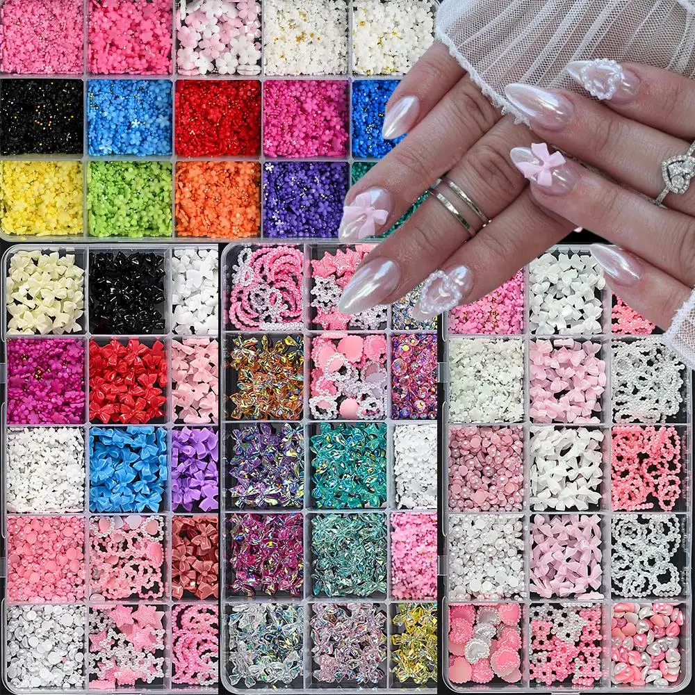 

15Grids 3D Mixed Multiple Styles Y2K Nail Art Decorations Simulated Pearl Bow/Heart/Moon Nail Charms Acrylic Flower Nail Supplie