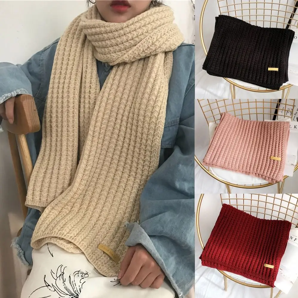 Women Female Winter Warm Knitted Scarf Solid Color Outdoor Thickened Neckerchief Vintage Wraps Long Scarves