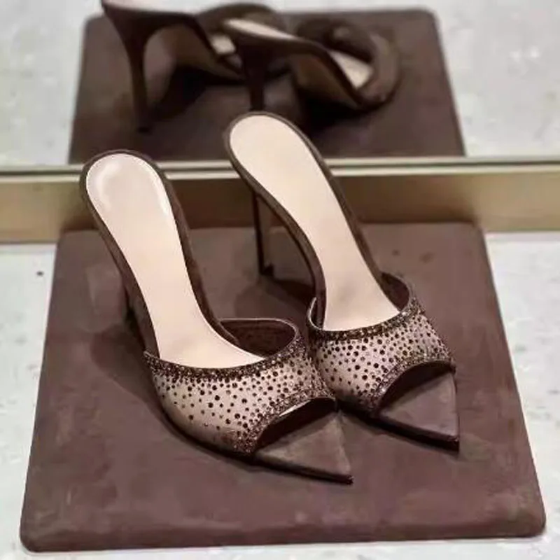 

Coffee Black Khaki Suede Bling Crystal Rhinestone Pointed Peep Toe Stiletto Mules Shallow Slip On 6 8 10 CM Thin Heels Slippers