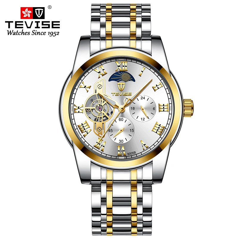 Tevise Watch For Men Mechanical Automatic Tourbillon Stainless Steel Band 3ATM Waterproof wristwatch Business 9005B