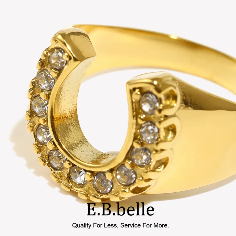 E.B.belle Stainless Steel Y2K Jewelry U Letter Crystal Paved Gold Colour Rings For Women Chunky Metal Hiphop Party Jewelry