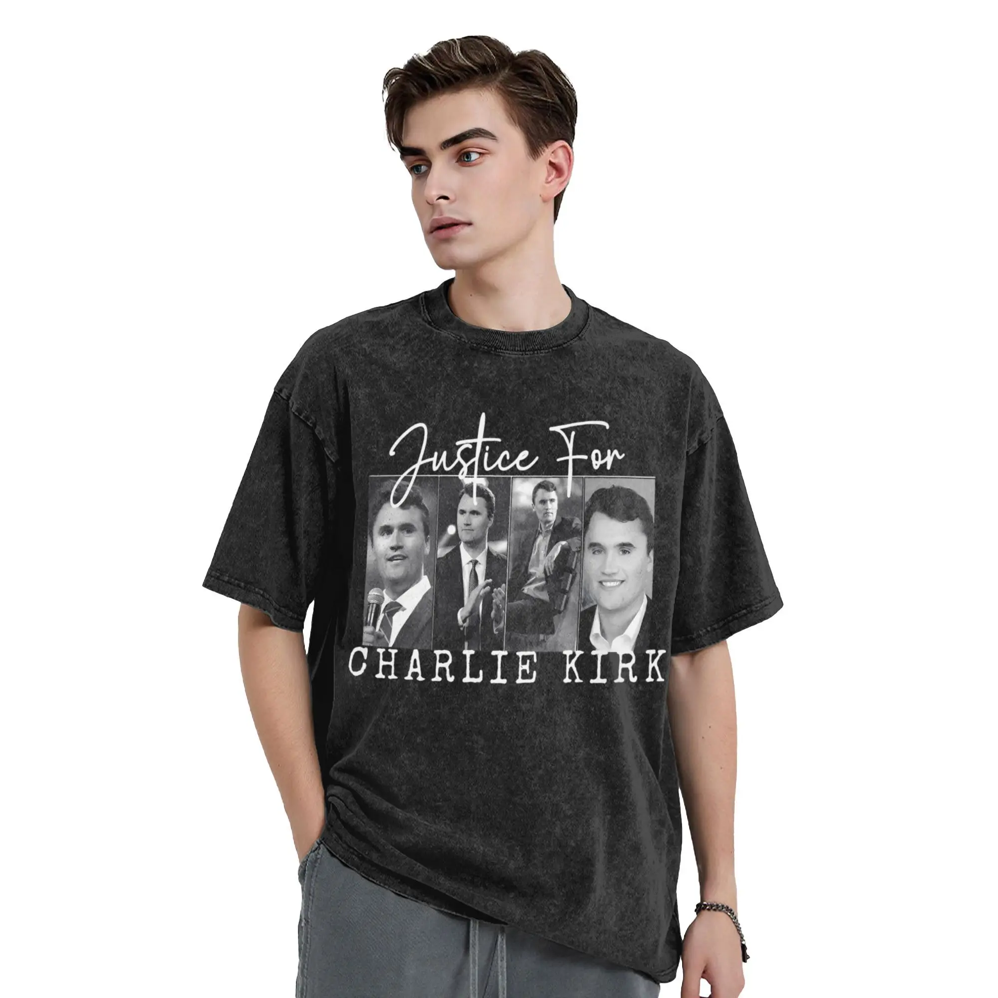 Novelty Pray For Charlie Kirk Vintage Washed T-Shirt Men Cotton Short Sleeve  Round Neck Summer Top Tee