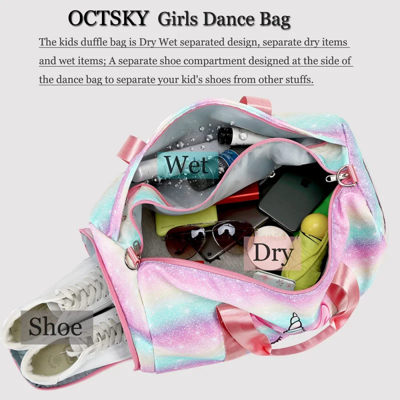 Sports Gym Bag for Girls Women Teen Kids Duffle Bag Travel Dry Wet Separation Single Shoulder Slung Yoga Fitness Foldable Bag