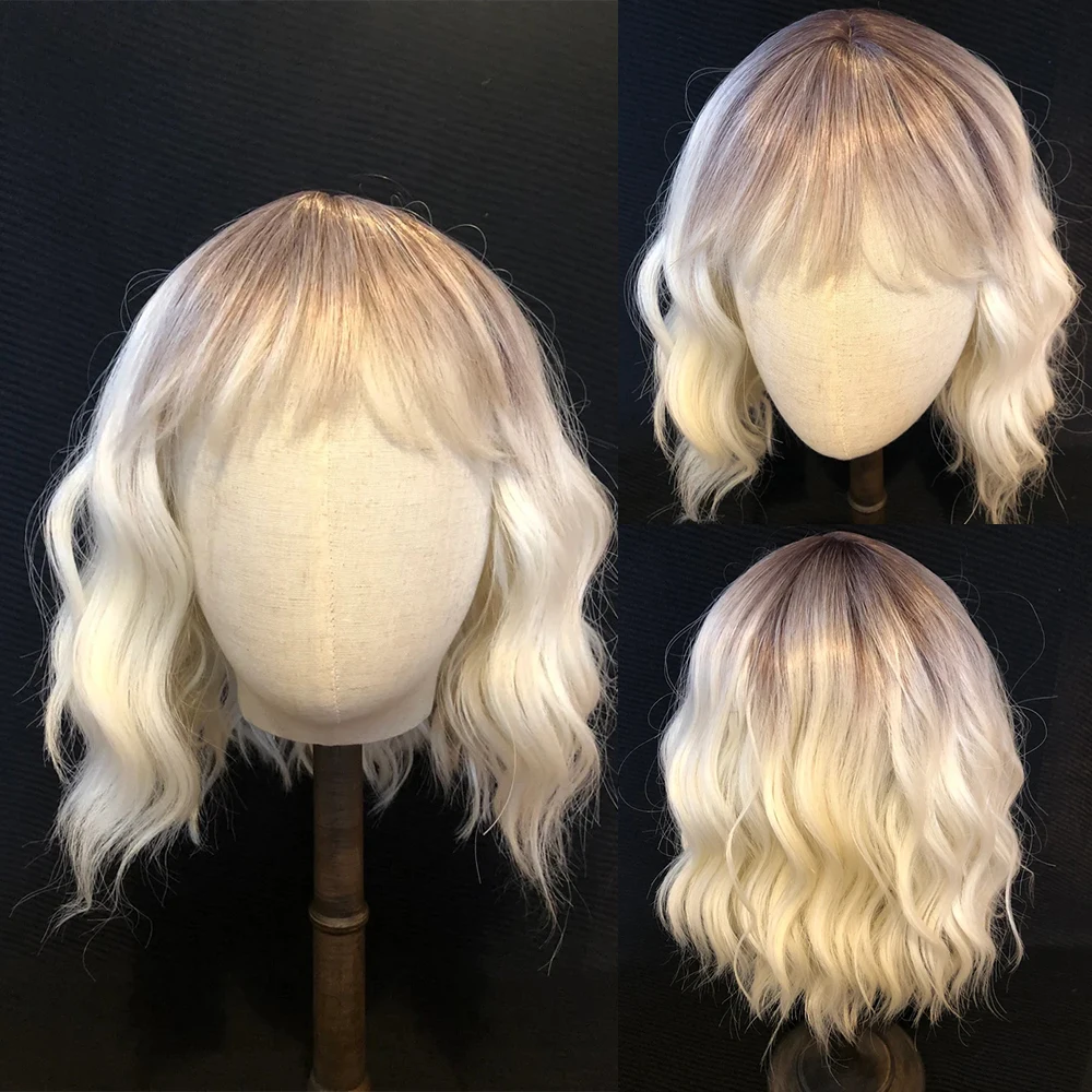 

Highest Grade Synthetic Fibers Lace Wigs Short Wavy Ombre Icy Blonde Wig Dark Roots Styled with Bangs Fringe Frontal Lace Wig