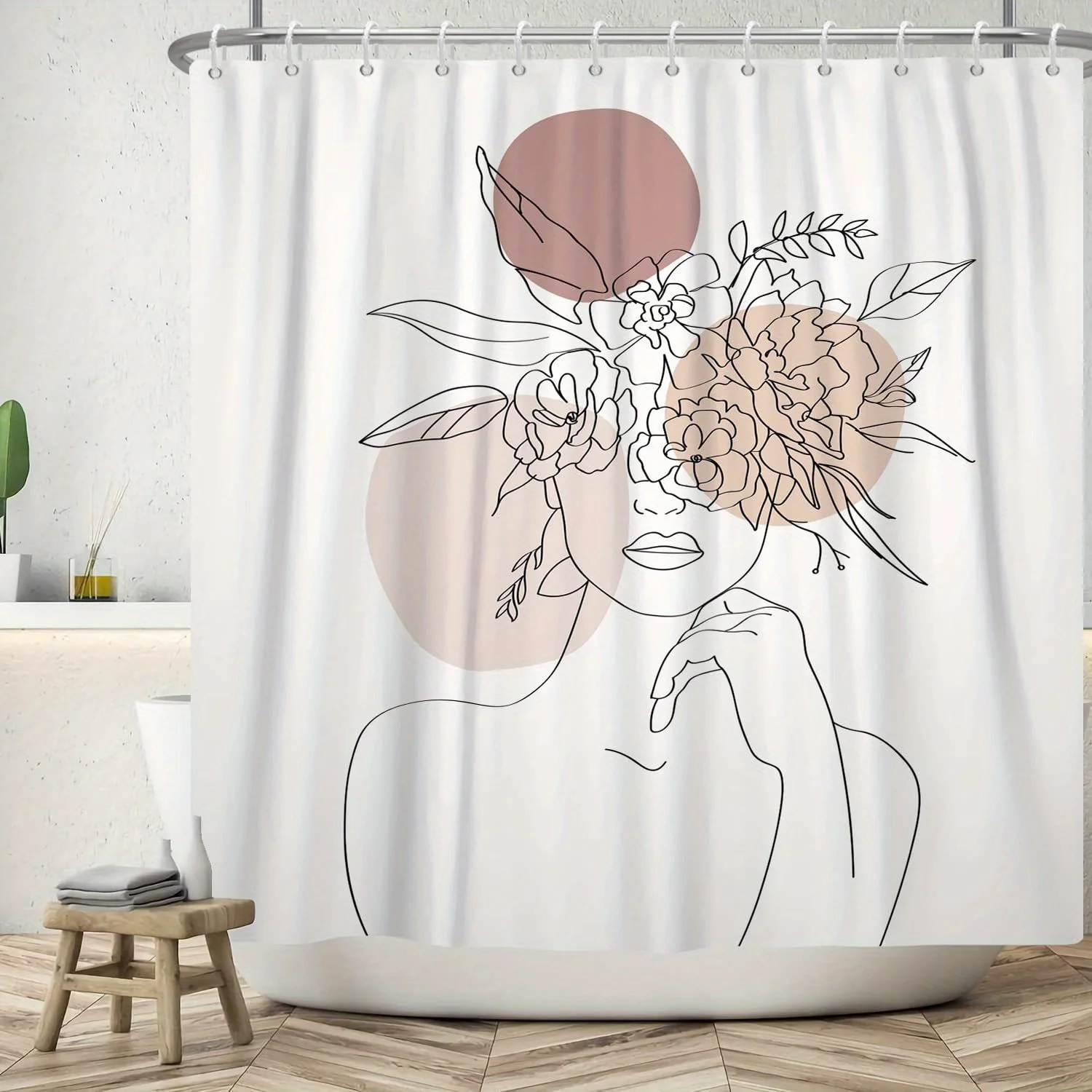 Abstract Line Art Shower Curtain Woman with Floral Crown Beige Circles Design Waterproof Bath Curtain Modern Boho Decor