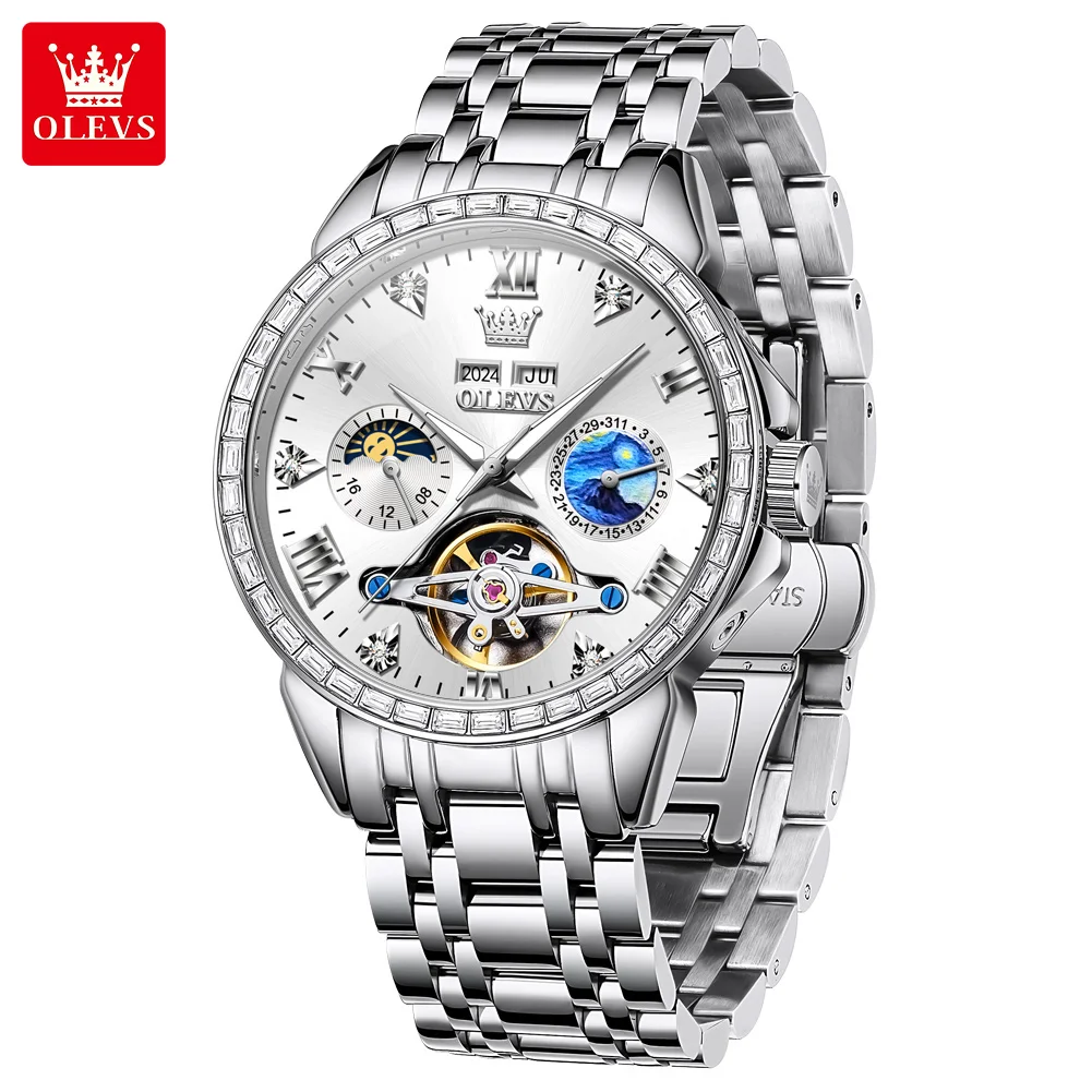 OLEVS 6712 Automatic Man Watch Luxury Skeleton Flywheel Dual Calendar Moon Phase Waterproof Diamond Bezel Mechanical Watches Men