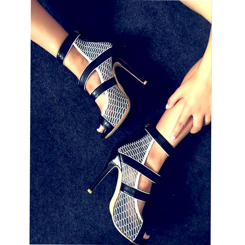 

Sexy Summer Geometric Hole Mesh Patched Sandals Boots Women Straps Fasten Cover High Heels Lace Up Ankle Bottines Shoes Woman