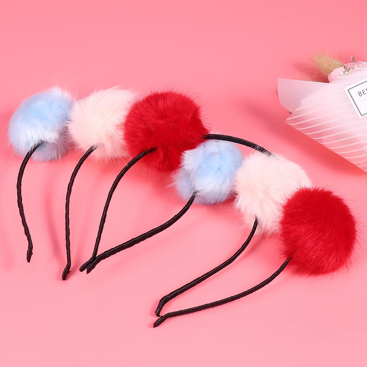 FRCOLOR 3pcs Fuzzy Ball Cat Ear Headband Lovely Headband Headwear Accessory for Kids Children (Sky Blue Pink and Red)