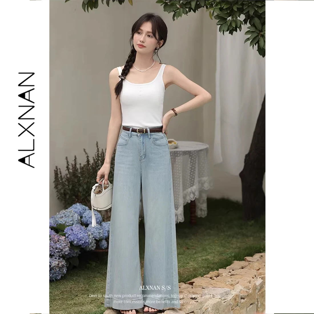 

ALXNAN Women's Jeans Retro Blue High-waist Wide-leg Baggy Jeans 2026 Summer Straight Loose-fit Elegant Office Lady Pants L53880