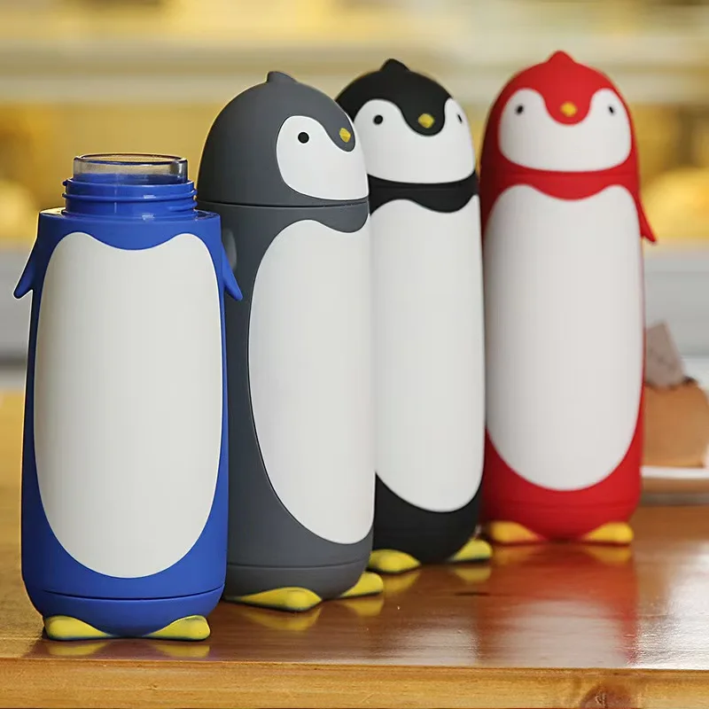 300ml Cartoon Penguin Glass Water Bottle Direct Drinking Kawaii Leakproof Double Layer Tea Cup Home Office Camp Drinkware
