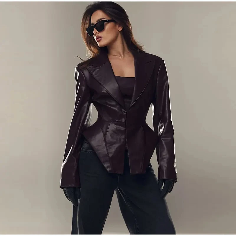 

BJTZ Women Vintage Faux Leather Jacket Asymmetric Hem Slim Fit Waist Elegant Office Party Casual Outerwear Spring Autumn
