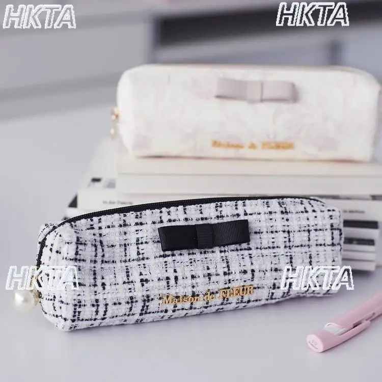 Japanese Style New Fashion Tweed Cute Bows Pearl Pen Bag Cosmetics Baglolita Sweet Girls Cosmetic Bag Student Stationery Bags