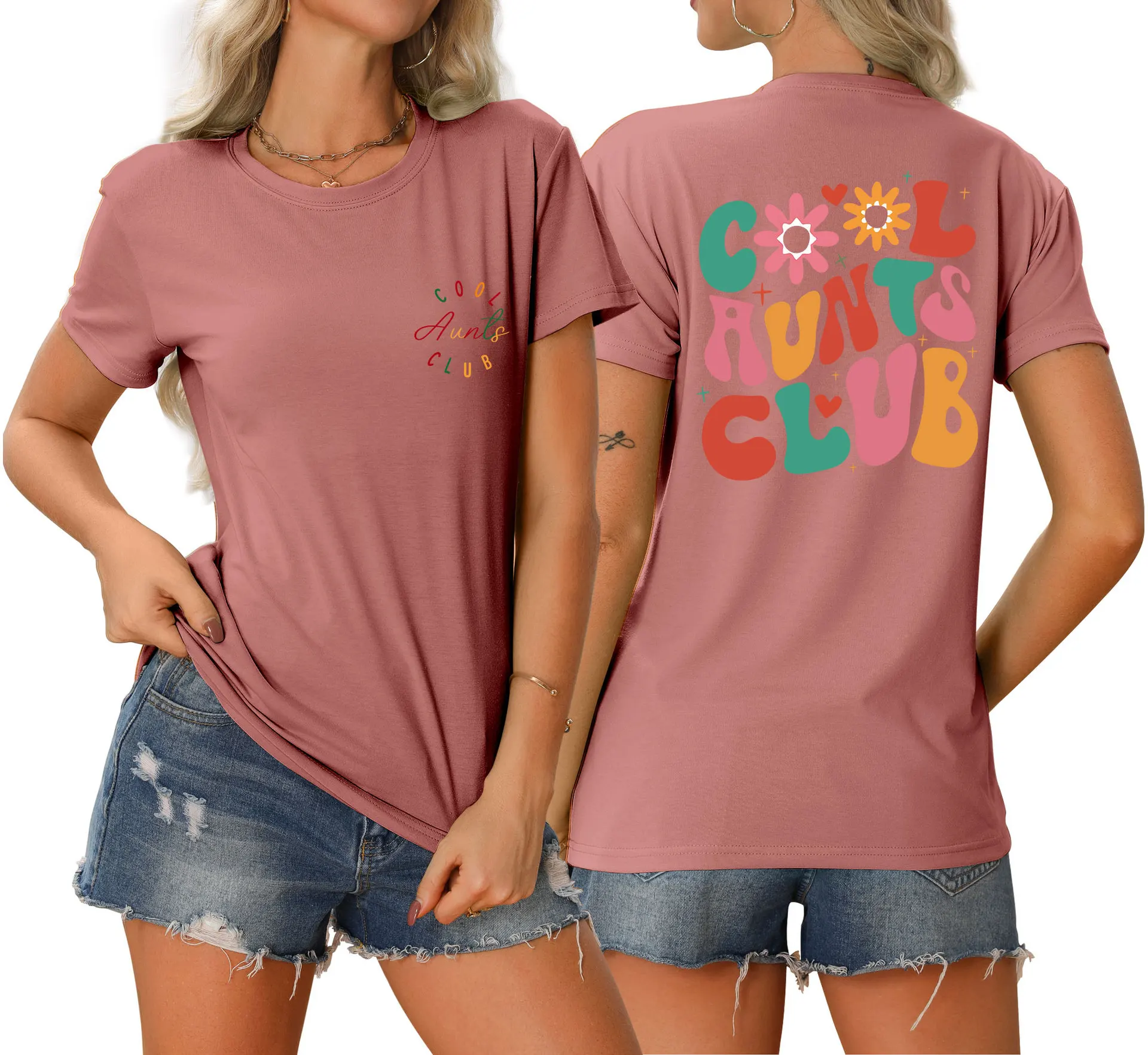 여성용 라운드넥 멋진 아줌마 클럽 앞뒤 프린트 티셔츠, 루즈한 캐주얼 반팔 탑, 세련된 풀로, 여름 신상