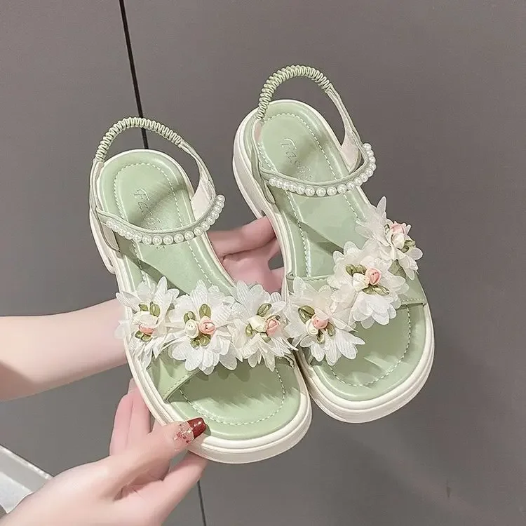 First Bloom Platform Sandals For Women Flower Pearl Chain Ankle Strap Elastic Back Thick Sole Summer Walking Shoes_vogvips.com