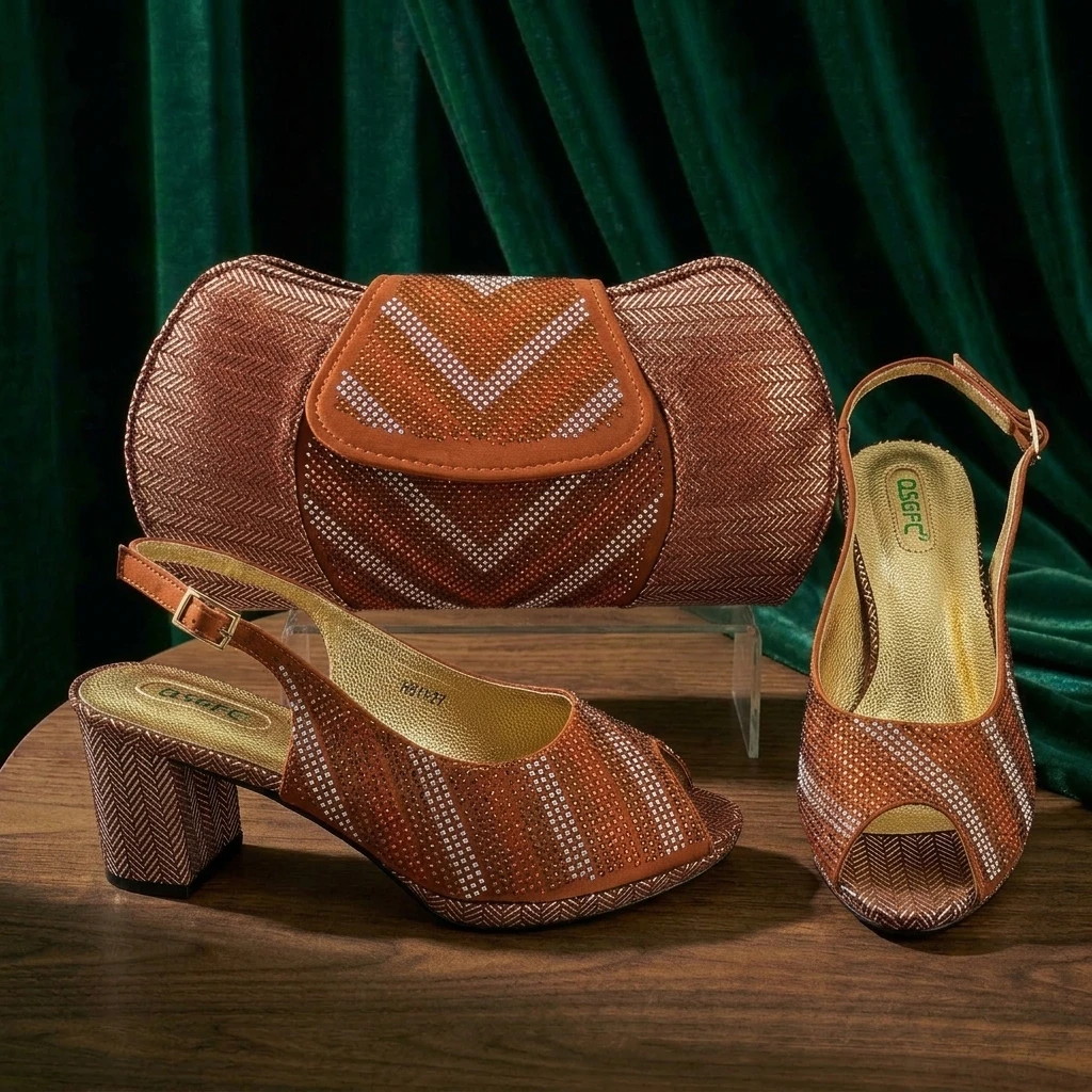 Newest Orange Color Good Quality Shining Printing Material Ladies Shoes and Bag Set African Concise Style For Wedding Party