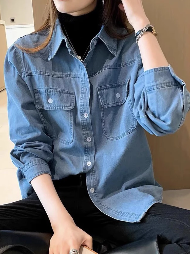 

Women's Denim Shirt Early Spring Outerwear Inner Match Base Shirt Coat Autumn Winter Collar Long Sleeve Loose Fit Casual