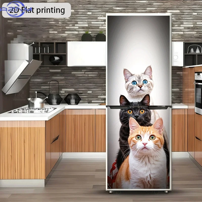 2D Flat Printing 1pc Three Curious Cats Looking Up Themed Design Self-Adhesive Wall Sticker Decorative Wallpaper, Suitable for