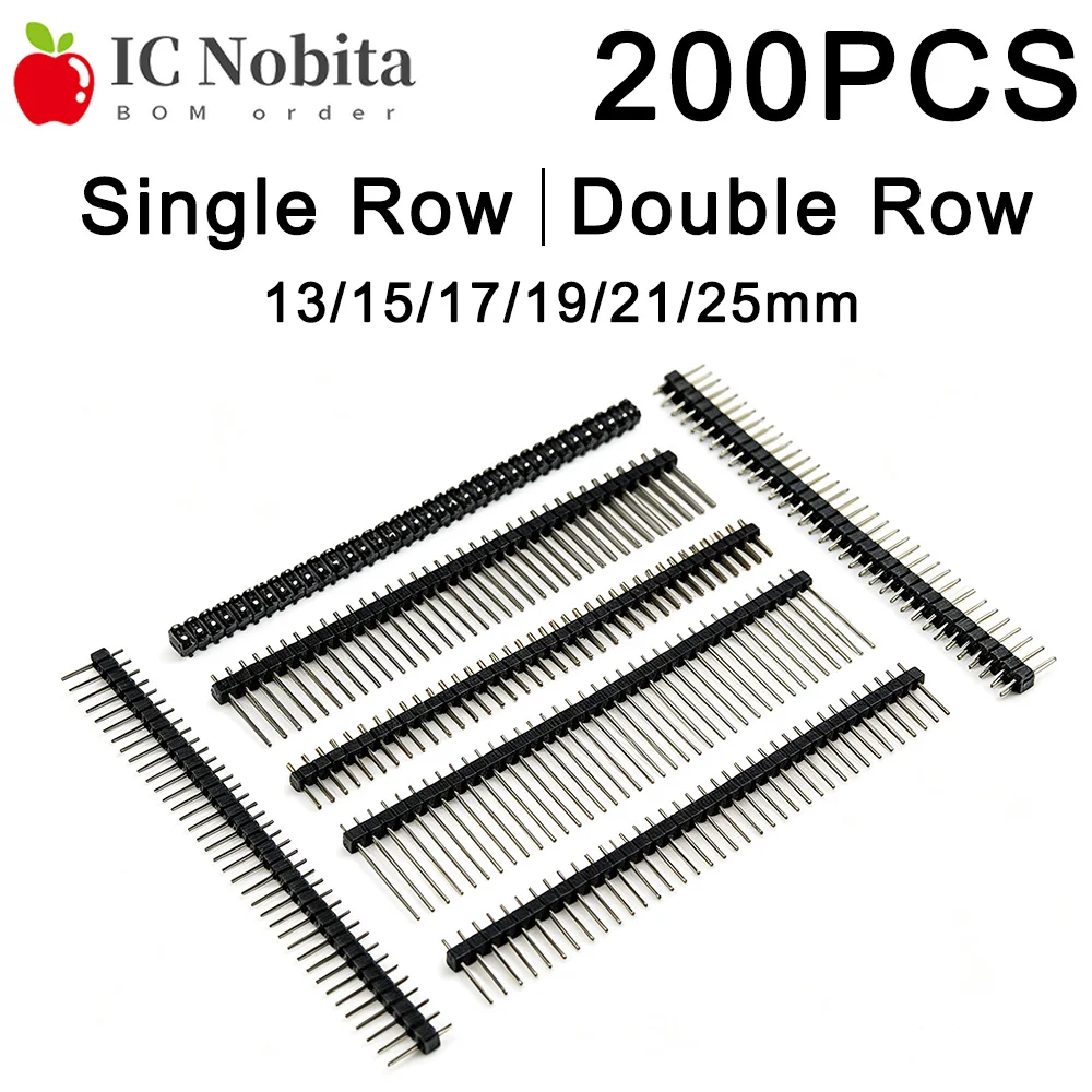 200PCS 2.54mm Pitch Single Row Double Row Pin Header Strip 1x40P 2x40P Straight Pin 13/15/17/19/21/25mm for PCB Board Connector