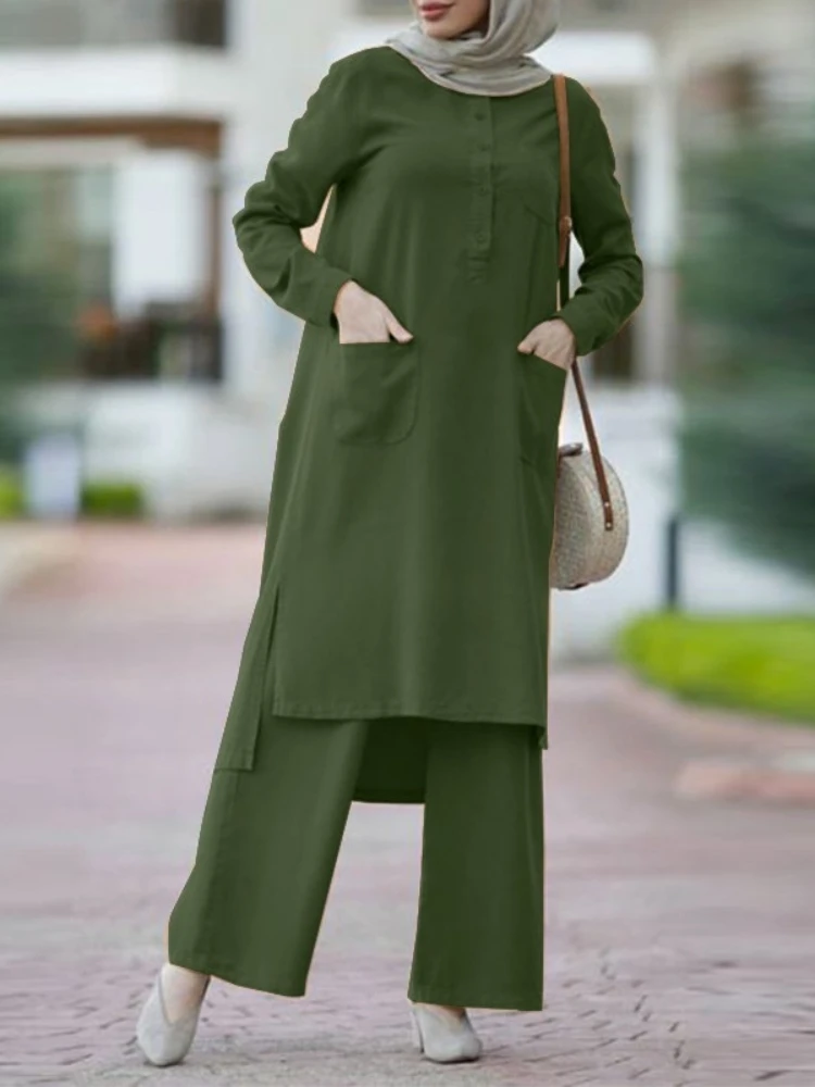 Eid Moslim Set Vrouwen 2 Stuk Musulman Ensemble Dubai Zakken Blouses Wijde Pijpen Broek Casual Arab Ramadan Kaftan 2024 Outfit Pakken