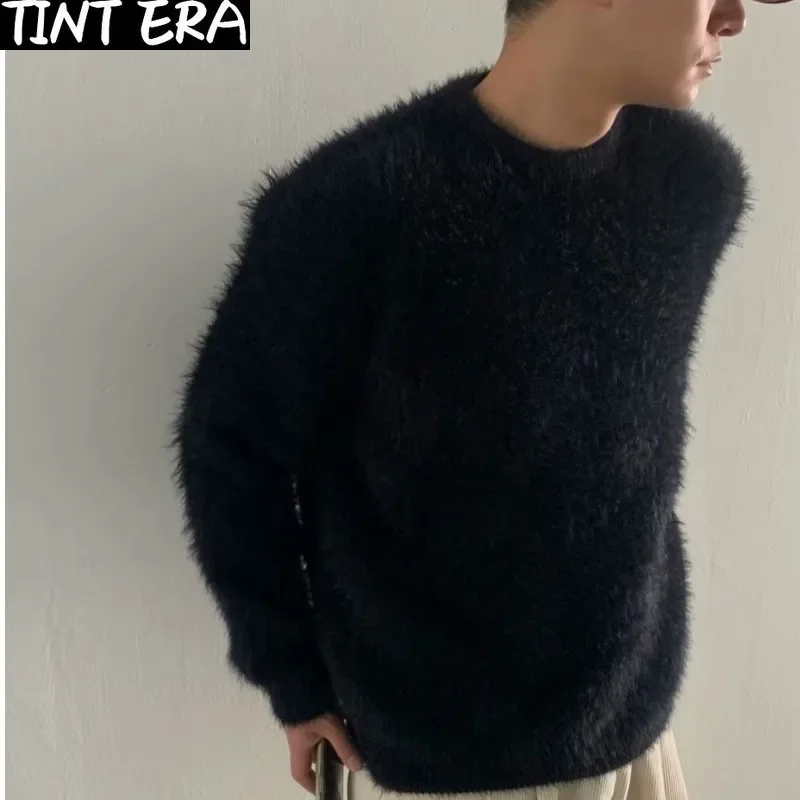 Suéteres de Mohair para hombre, ropa de calle de lana gruesa y cálida, de punto, suelta e informal, de manga larga, de estilo coreano, para Otoño e Invierno