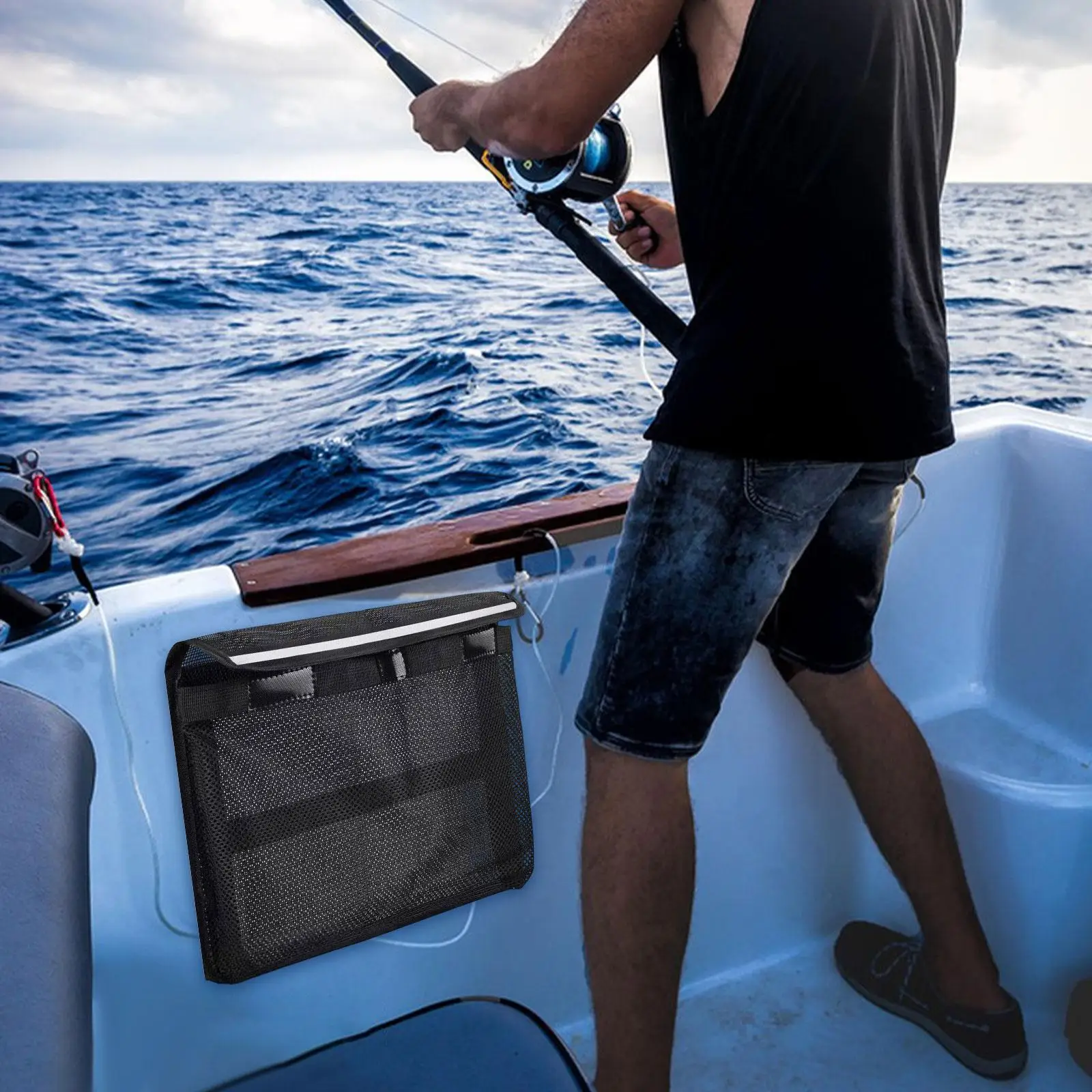 Self Adhesive Boat Storage Bag Tools Mesh Organizer with Reflective Strap for Fishing Boats Accessories and Marine Supplies