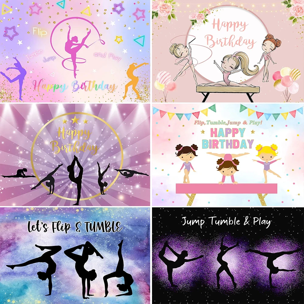 Let\'s Flip Athlete Gymnast Gymnastics Theme Jump Tumble Play Gymnast Rhythmic Gymnastics Girl Birthday Party Banner Photo Studio