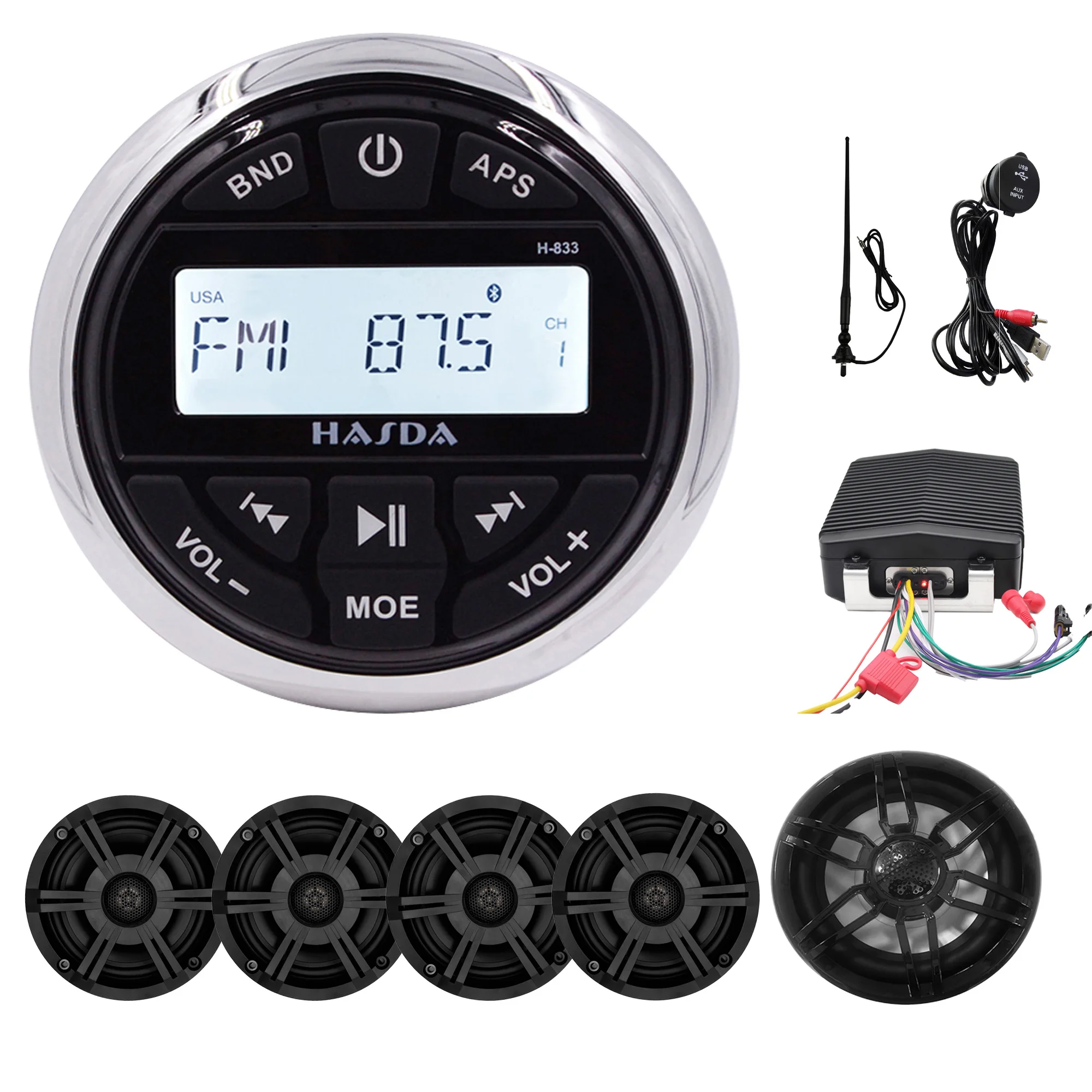 

Marine accessories ATV UTV parts Boat Yacht RV golf cart waterproof audio kit Mp3 player BT 6.5''coaxial 500W sub 5channel Amp