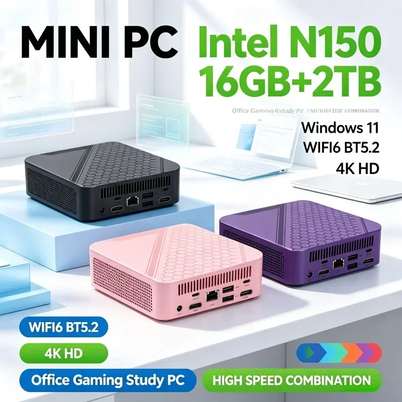 Energy Efficient Intel N150 Mini PC Win11 16GB RAM 2TB SSD WiFi6 BT5.2 Compact Light Desktop For Household Office Entertainment