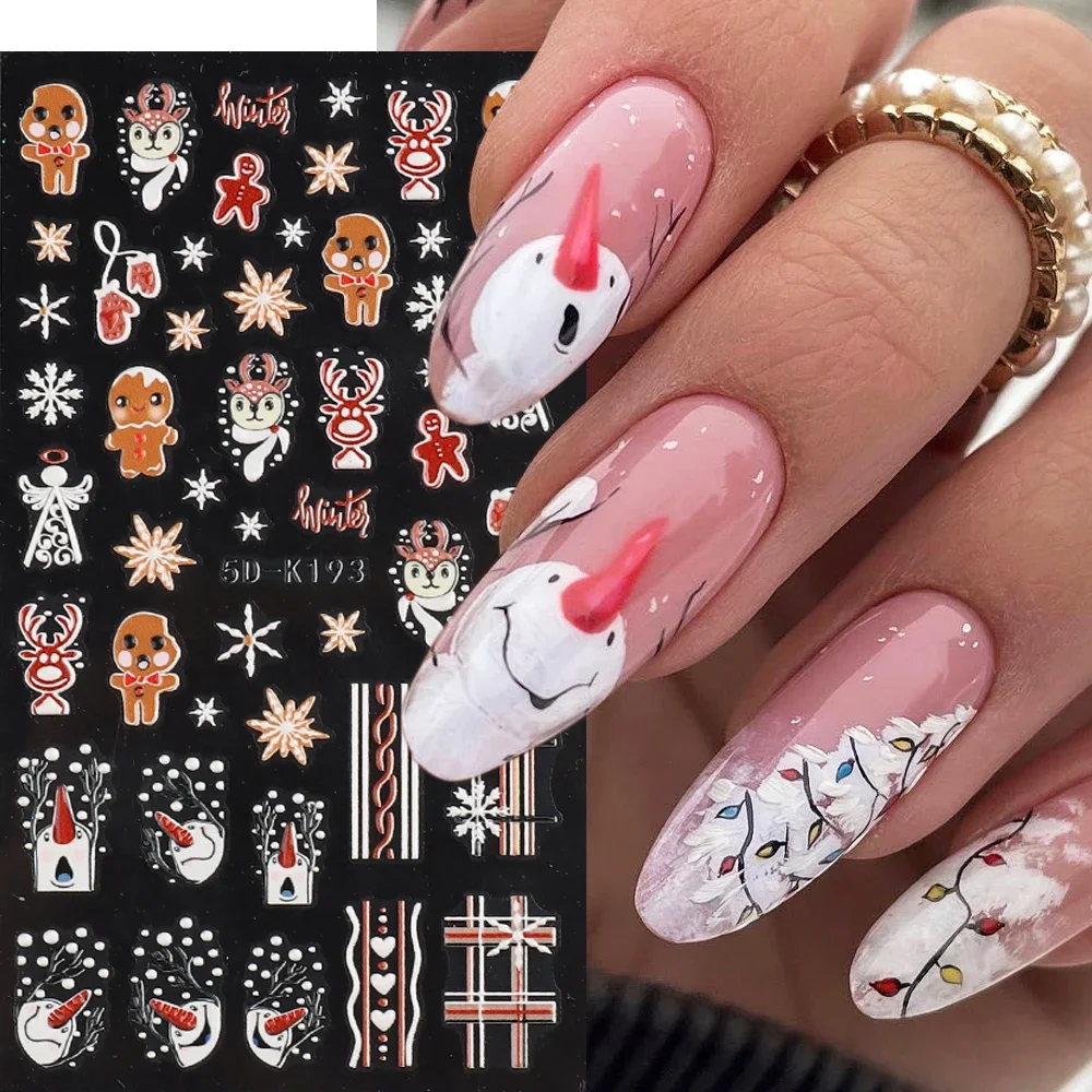 Christmas Nail Stickers 5D Cute Cartoon Deer Penguins Bear Snowman Nail Decals Winter Snowflakes Decoration Manicure NT5D-K193