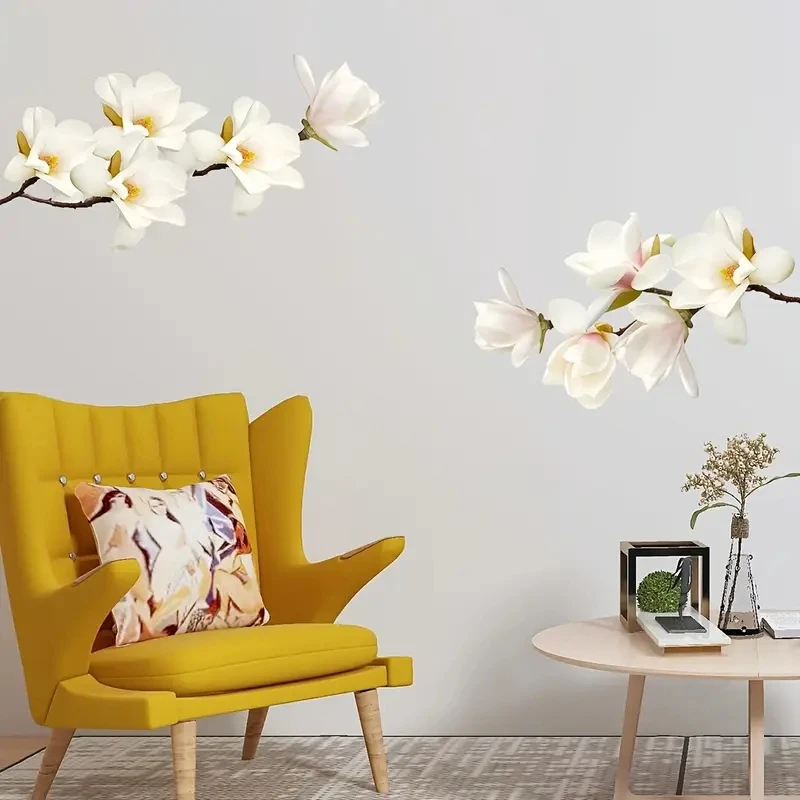 MT1181# 2pcs White Magnolia Wall Stickers, Contemporary Style, Vinyl Self-Adhesive Removable Decals for Living Room Bedroom
