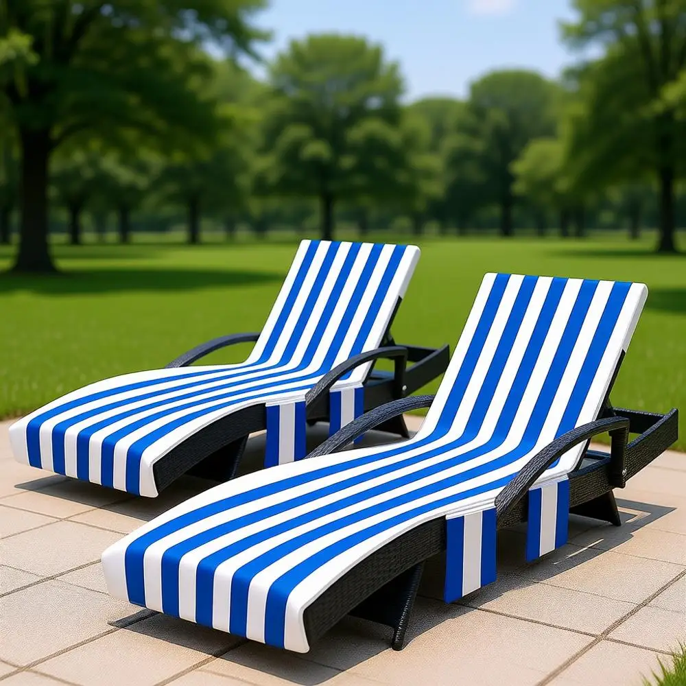 

Набор из 2-х полосатых синих чехлов для шезлонгов для пляжа или использования на открытом воздухе, 85 x 30 см.
