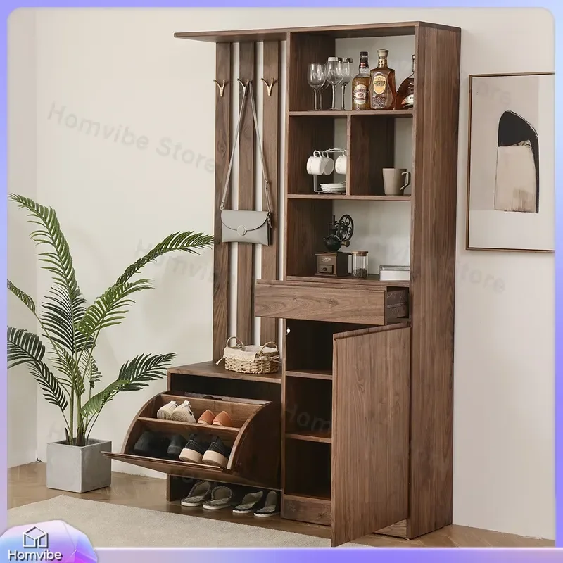 Nordic Solid Wood Shoe Cabinet Foyer Entryway Storage Bench Black Walnut Hallway Partition Screen Console Table Modern Home