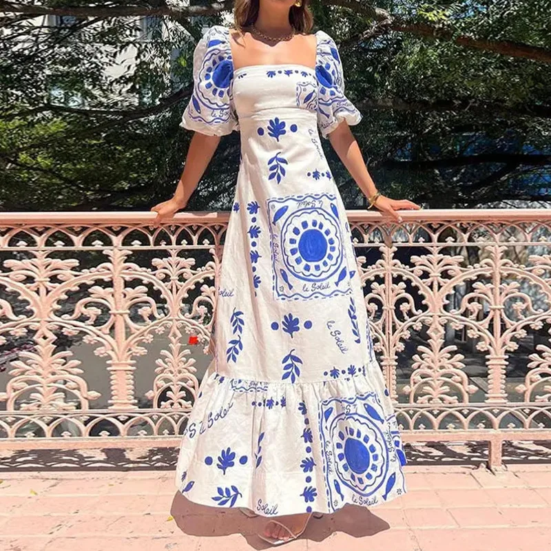 Summer Dress Elegant Women Flower Printed Maxi Dress High Waisted Short Sleeve Square Collar 2024 Summer Fashion Holiday Dresses