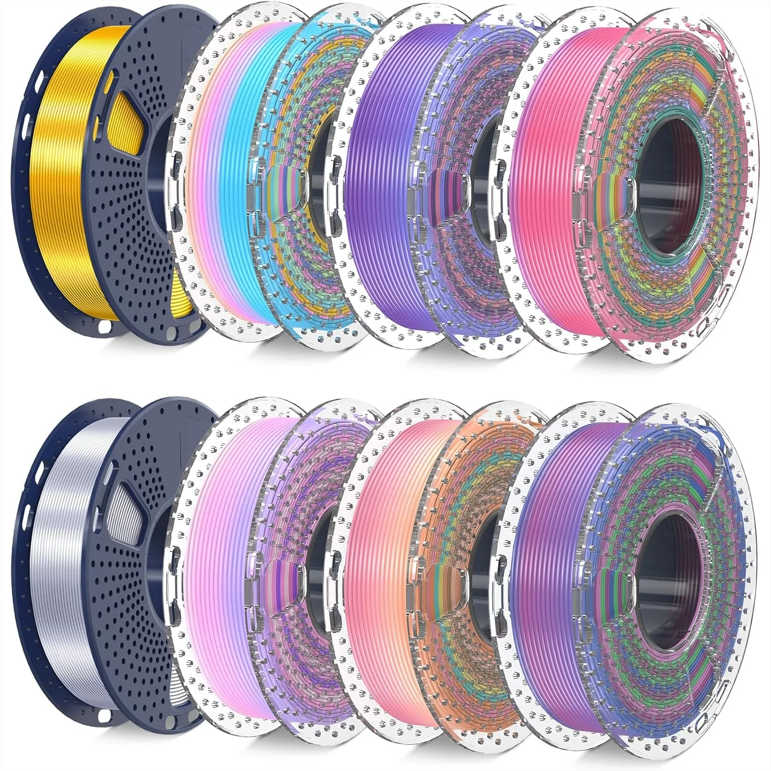 

3D Printer Filament Bundle 8 Spools 2kg Total, PLA Silk Rainbow Multicolor Fast Color Change Each 8 Meters, Individually Vacuum Packed 250g Spool for 3D Printing
