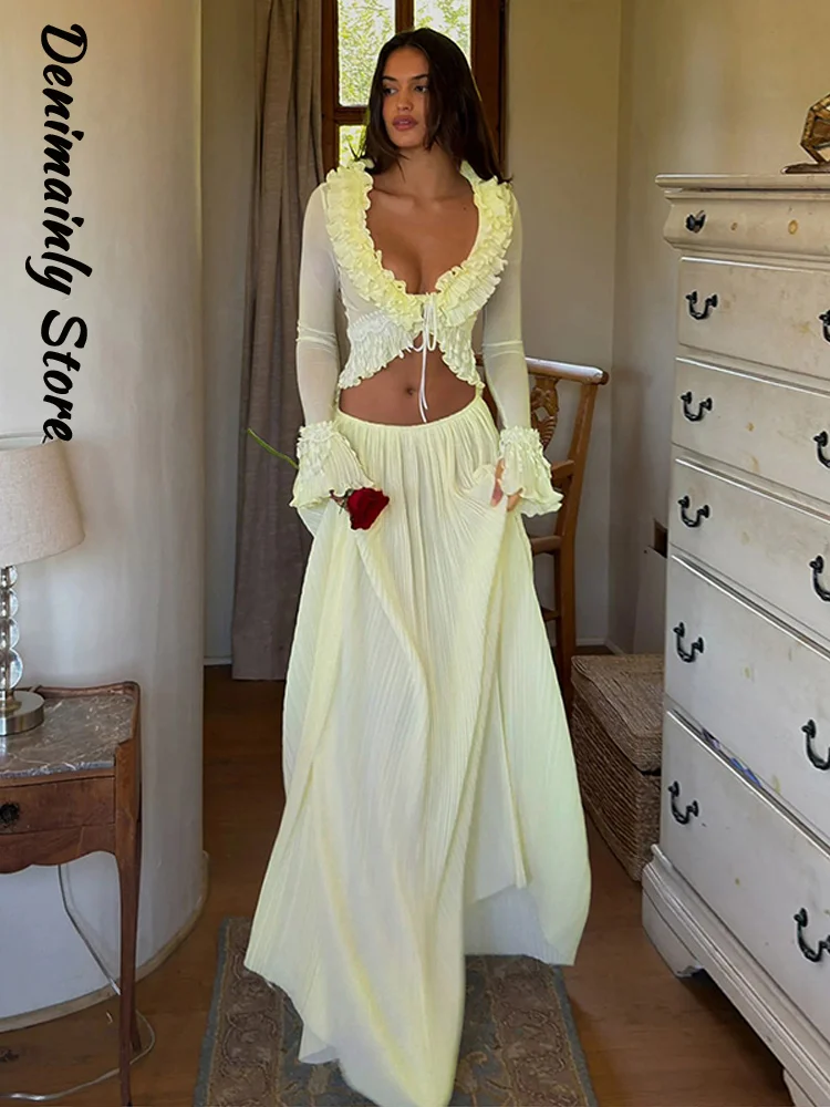 Sexy Women's Lace Patchwork Skirt Set Slim Tie Up V-neck Long Sleeve See Through Short Tops Long Skirts 2026 Lady Beach Suit New