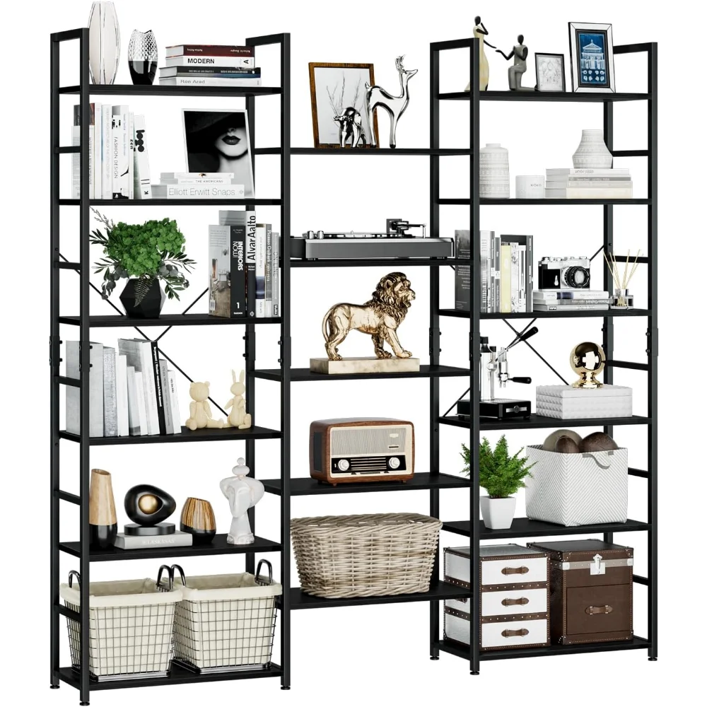 

Triple Wide 6 Tier Bookshelf, Rustic Industrial Style Bookcases and Bookshelves with 17 Open Display Shelves