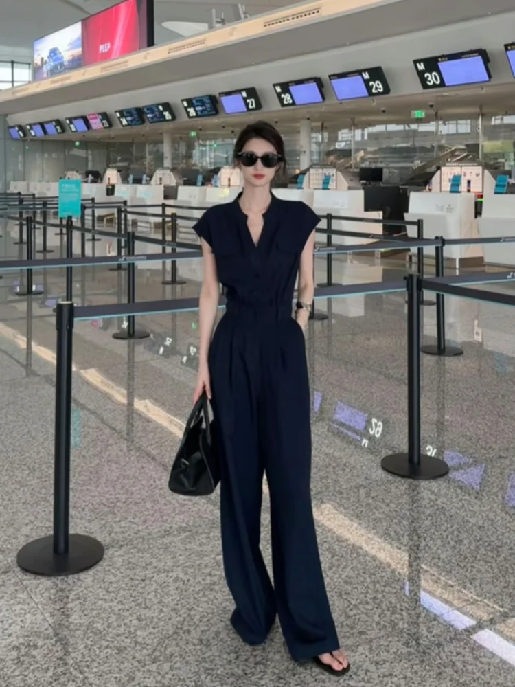 

Летний женский костюм Ele с v-образным вырезом, утягивающая талия, широкие брюки, модный легкий легкий костюм для взрослых Sle ort Sve