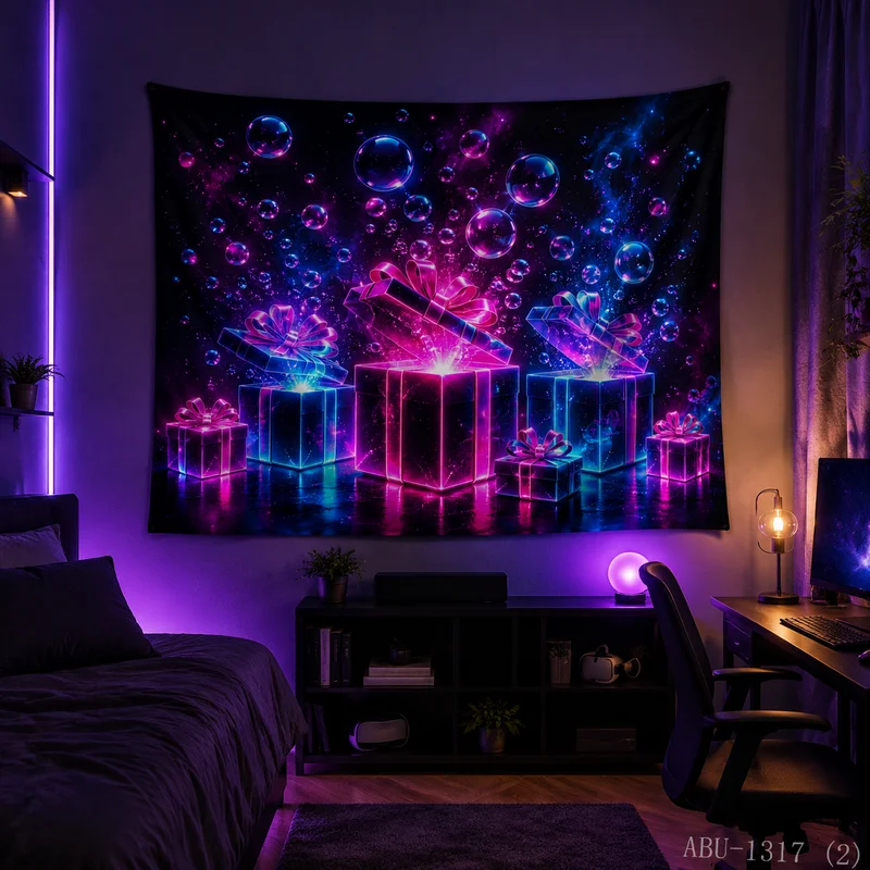 VIKAMA Purple Blue Nebula Bubble Neon Gift Box Christmas Tree Christmas Tapestry Wall Hanging Decor for Living Room
