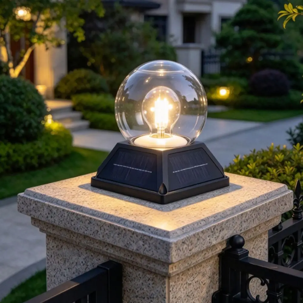 Column Light Round Ball Solar Post Light Remote Control IP65 Waterproof Solar Lamp Timer Dimmable Landscape Light Garden