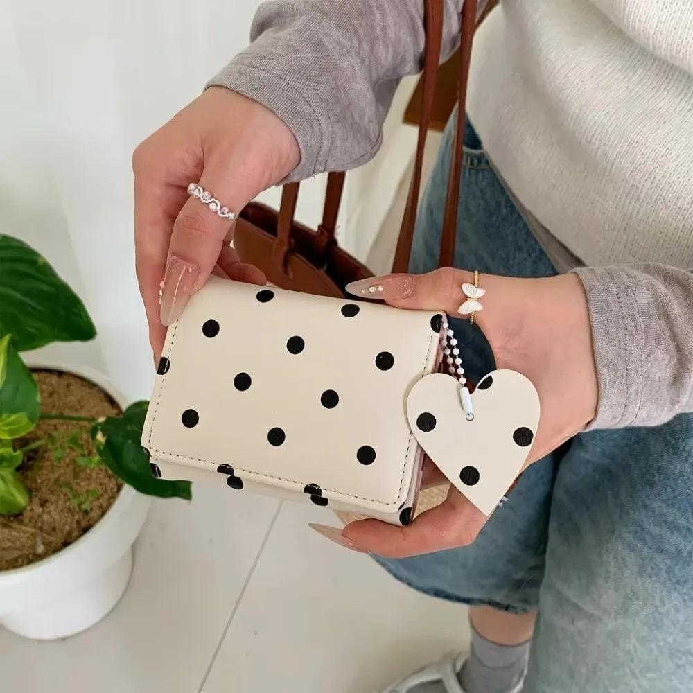 Kawaii Sweet Trifold Polka Dot Wallet Multi-functional Multi-card Slot PU Card Holder Portable Heart Pendant Coin Purse Girls