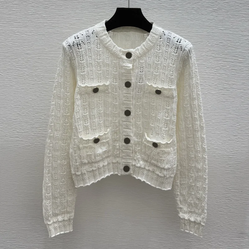 

Высококачественный женский кардиган с рельефным логотипом и ромбовидной пуговицей, свитер со складками по краям 251028255