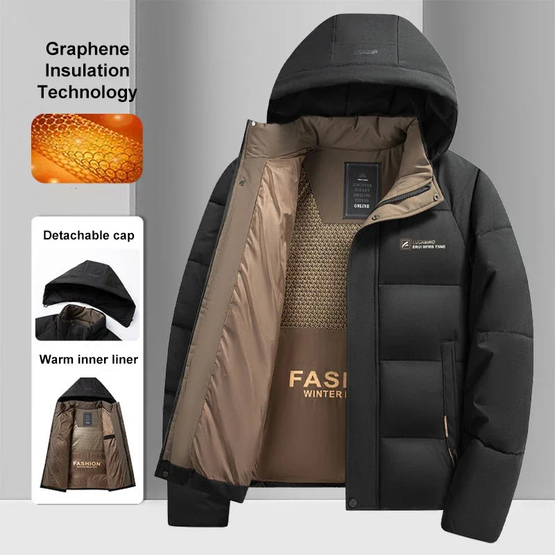 Graphene Warm Windproof Jacket Men 2026 Winter New Fashion Comfortable Thickened Outdoor Hooded Overcoat Male Casual Clothes