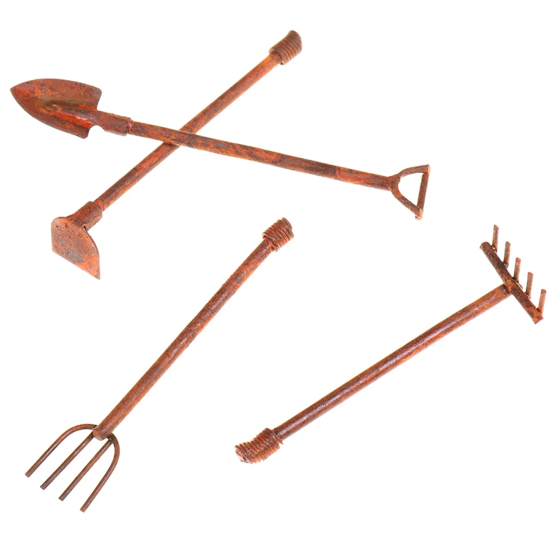 Conjunto de 4 Ferramentas de Jardinagem em Miniatura para Casa de Bonecas 1:12: Pá, Rastelo e Enxadas - Acessórios de Decoração para Casa de Bonecas