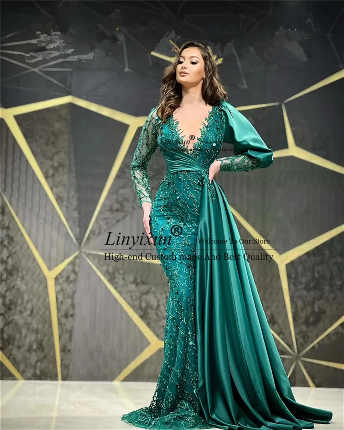 Vestidos longos de baile árabes com lantejoulas, Vestidos de noite Dubai Mermaid, Vestido de festa formal muçulmano verde, Gala