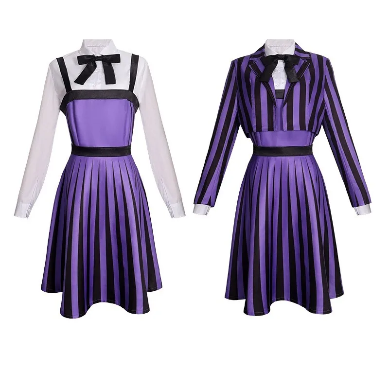 

Halloween Cosplay Costume School Uniform Purple Striped Coat Dresses Suit Gothic Theme Party Role Playing Outfit for Girls