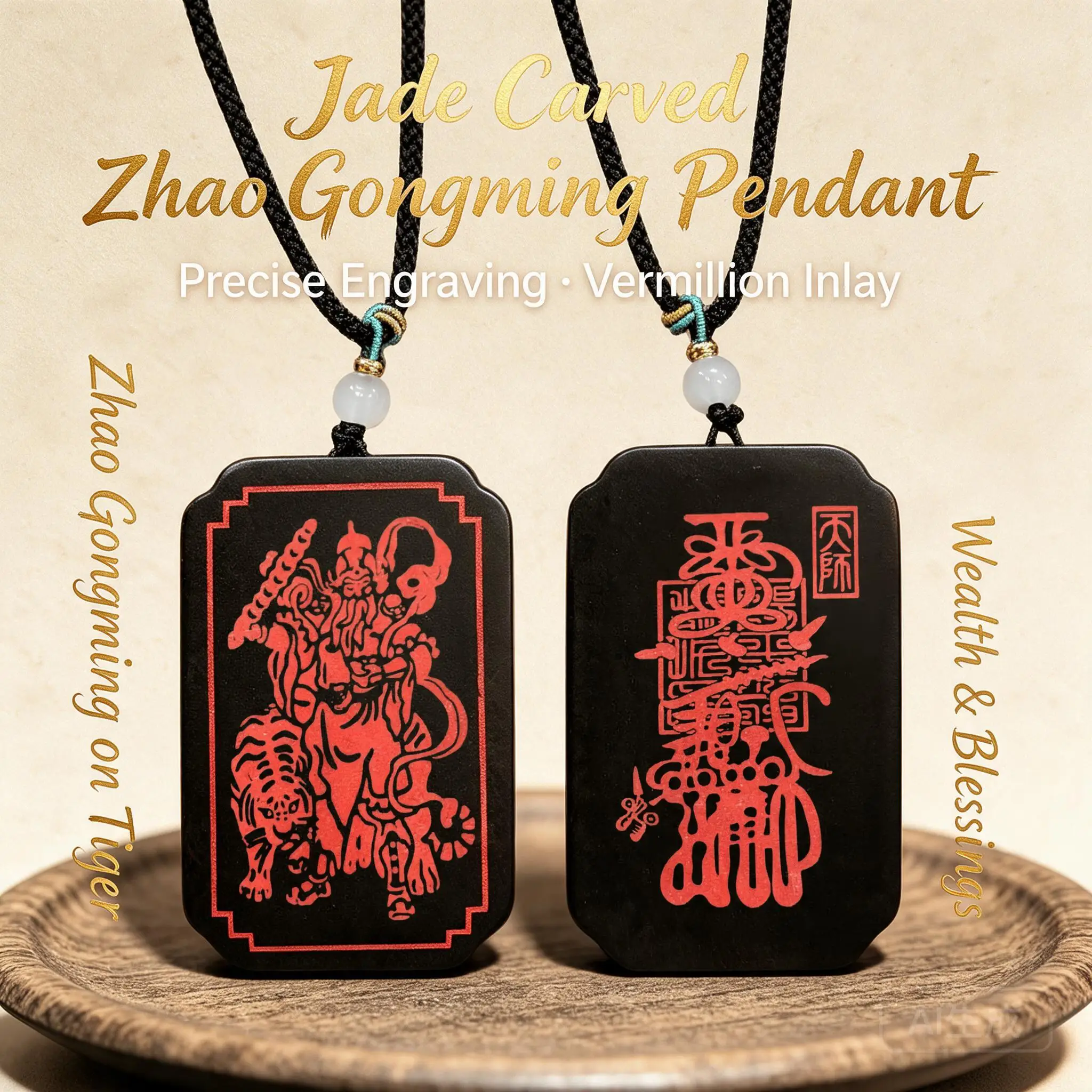 Chinese Thunder Struck Jujube Wood Zhao Gongming Riding Tiger Pendant Cinnabar Filled Feng Shui Wealth God Amulet For Prosperity