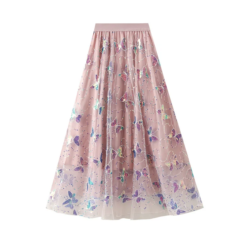 New in 2025 Sequin Butterfly Long Tulle Skirt for Women  Spring Fashion Design A Line High Waist Maxi Mesh Princess Party Skirt