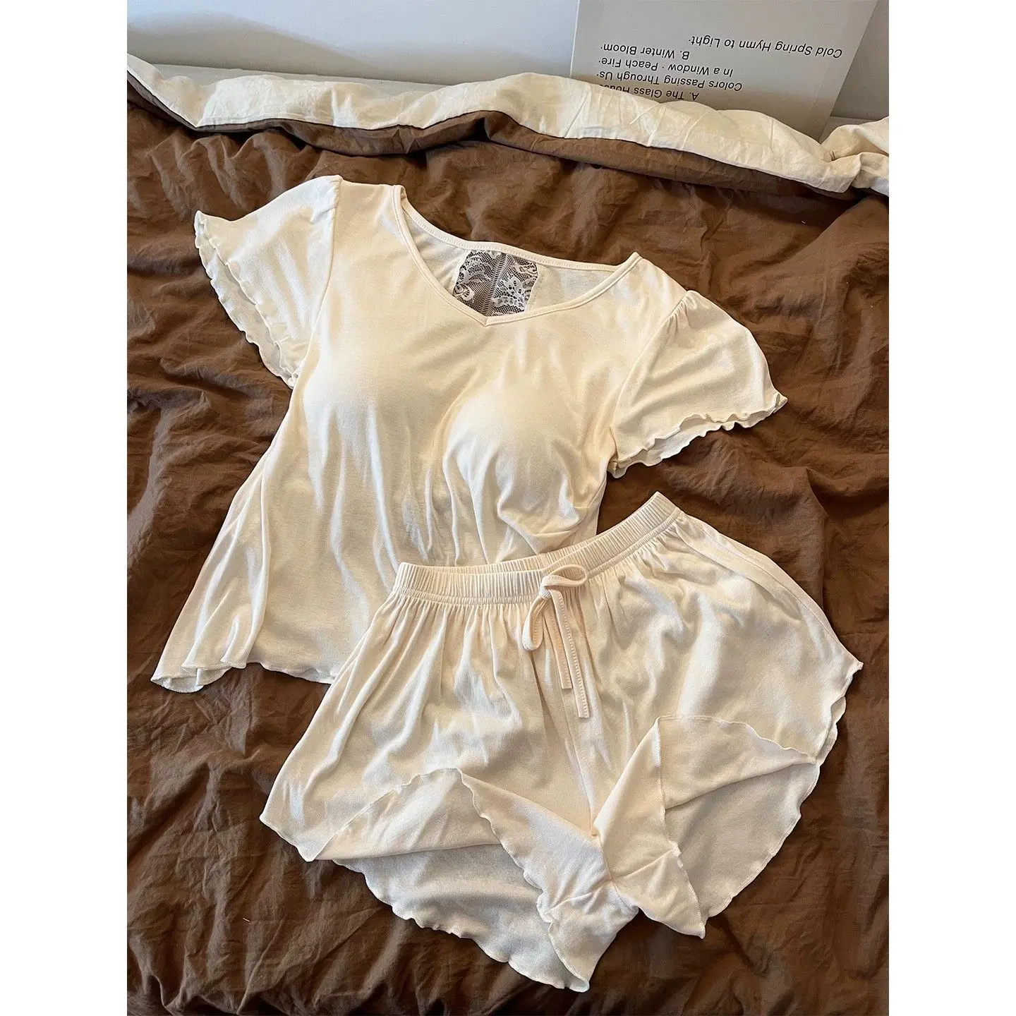 2026 Summer New Sexy Lace Hollow out Short Sleeve Sleepwear Women's Skin-friendly Home Clothes Set with Chest Pad Breathable ...